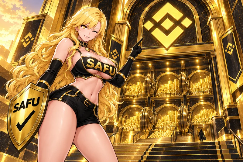 Low-angle view of the blonde SAFU heroine pointing toward a golden exchange vault before a fictional heist.